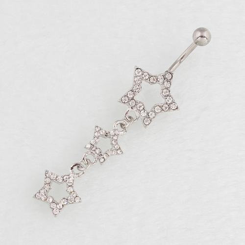 Stainless Steel Belly Ring, 316 Stainless Steel, with Zinc Alloy, Star, silver color plated, fashion jewelry & for woman & with rhinestone & hollow 