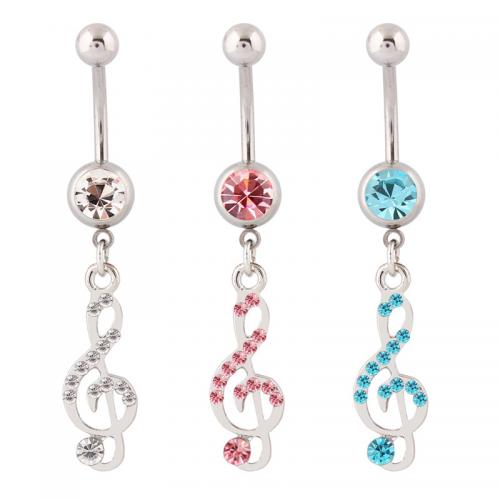 Stainless Steel Belly Ring, 316 Stainless Steel, with Zinc Alloy, Music Note, silver color plated, fashion jewelry & for woman & with rhinestone & hollow [