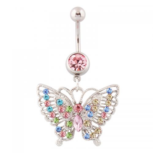 Stainless Steel Belly Ring, 316 Stainless Steel, with Zinc Alloy, Butterfly, silver color plated, fashion jewelry & for woman & with rhinestone & hollow [