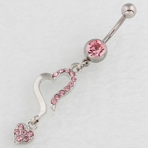 Stainless Steel Belly Ring, 316 Stainless Steel, with Zinc Alloy, Heart, silver color plated, fashion jewelry & for woman & with rhinestone & hollow [