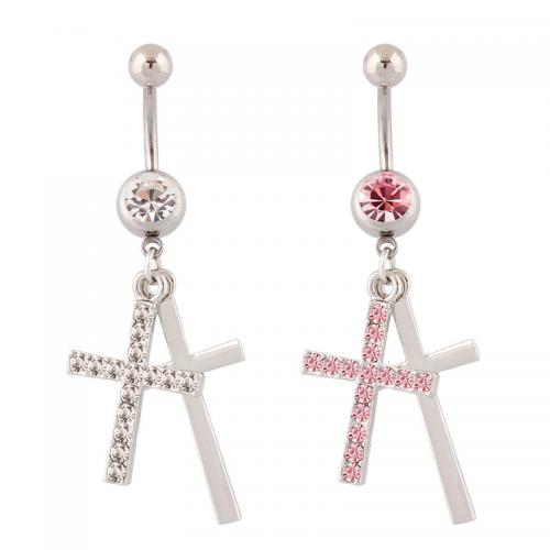 Stainless Steel Belly Ring, 316 Stainless Steel, with Zinc Alloy, Cross, silver color plated, fashion jewelry & for woman & with rhinestone 