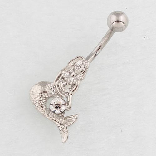 Stainless Steel Belly Ring, 316 Stainless Steel, with Zinc Alloy, Mermaid, silver color plated, fashion jewelry & for woman & with rhinestone 