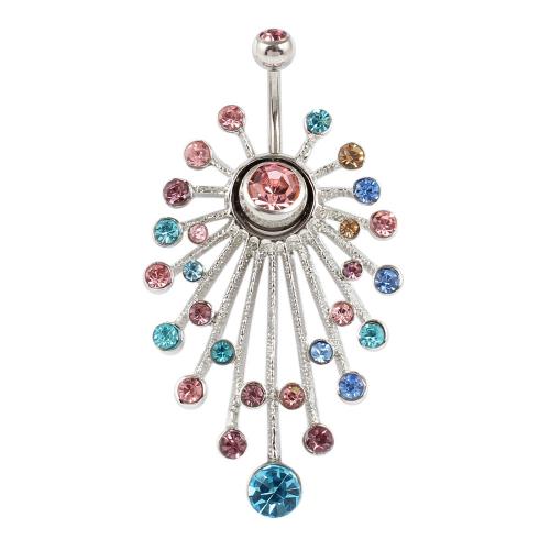 Stainless Steel Belly Ring, 316 Stainless Steel, with Zinc Alloy, silver color plated, fashion jewelry & Unisex & with rhinestone, multi-colored 