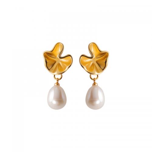 Freshwater Pearl Brass Earring, with Freshwater Pearl, real gold plated, fashion jewelry & for woman 