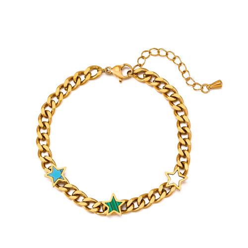 Stainless Steel Charm Bracelet, 304 Stainless Steel, with Malachite, with 4.5cm extender chain, Star, Vacuum Ion Plating, fashion jewelry & for woman, golden, 3mm Approx 16 cm 