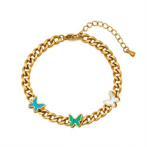 Stainless Steel Charm Bracelet, 304 Stainless Steel, with Malachite, with 4.5cm extender chain, Butterfly, Vacuum Ion Plating, fashion jewelry & for woman, golden, 3mm Approx 16 cm 