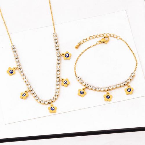 Titanium Steel Jewelry Set, 18K gold plated & micro pave cubic zirconia & for woman & enamel, golden 