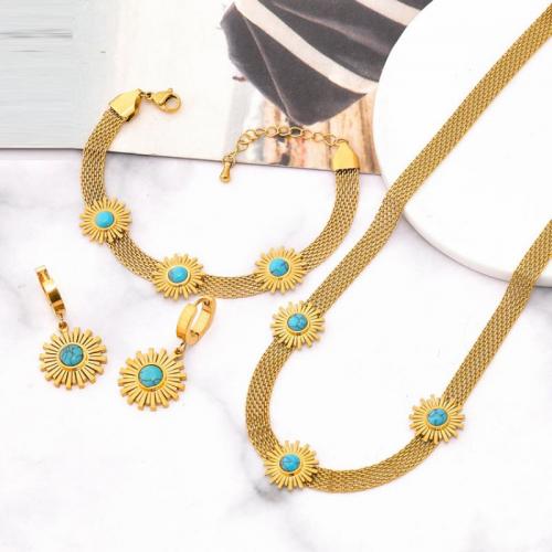 Titanium Steel Jewelry Set, with turquoise, Vacuum Ion Plating, fashion jewelry & for woman, golden 