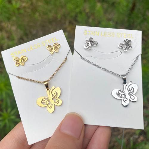 Fashion Stainless Steel Jewelry Sets, 304 Stainless Steel, Stud Earring & necklace, Butterfly, 2 pieces & fashion jewelry & for woman ear stud 10*8mm,pendant 14*17mm Approx 17.72 Inch 