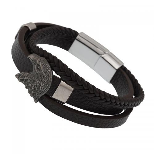 PU Leather Cord Bracelets, with Zinc Alloy, eagle, vintage & fashion jewelry & for man, black Approx 20.5 cm 