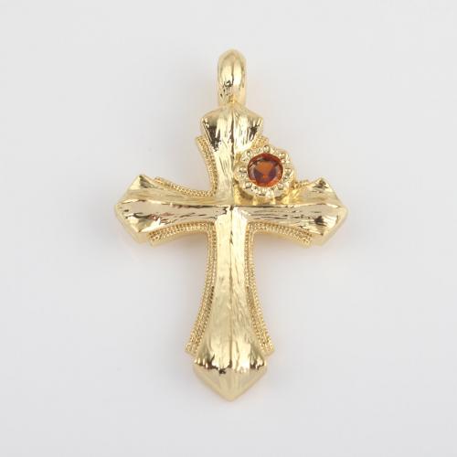 Cubic Zirconia Micro Pave Brass Pendant, Cross, gold color plated, DIY & micro pave cubic zirconia, red [