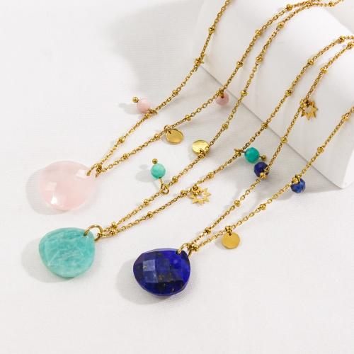 Gemstone Necklaces, 304 Stainless Steel, with Natural Stone, with 5cm extender chain, Teardrop, Vacuum Ion Plating, fashion jewelry & for woman, gold Approx 40 cm 