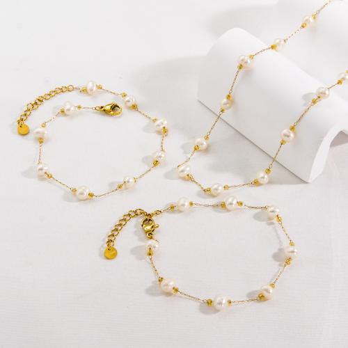 Fashion Stainless Steel Jewelry Sets, 304 Stainless Steel, with Pearl Oyster, Vacuum Ion Plating, fashion jewelry & for woman, gold 