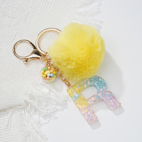 Fur Plush Key Chain, Zinc Alloy, with Resin, Alphabet Letter, multifunctional & for woman, yellow 