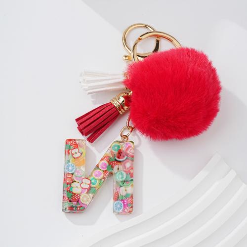 Fur Plush Key Chain, Zinc Alloy, with Resin, Alphabet Letter, multifunctional & for woman, red 