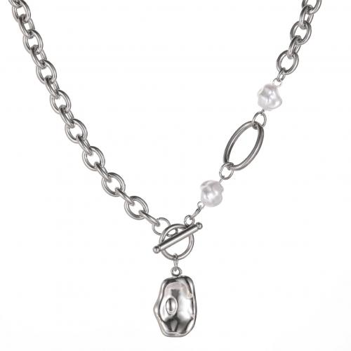 Titanium Steel Jewelry Necklace, with Plastic Pearl, handmade, Unisex, original color Approx 55 cm 
