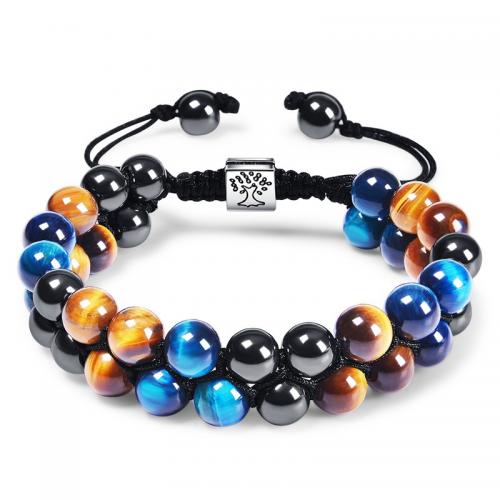 Tiger Eye Bracelet, with Onyx & Magnetic Hematite, Double Layer & Unisex & adjustable Approx 7.5-11.8 Inch 