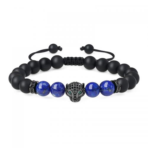 Abrazine Stone Bracelet, with Lapis Lazuli & Malachite & Zinc Alloy, Leopard, handmade & Unisex & adjustable & micro pave cubic zirconia Approx 7-11.8 Inch 