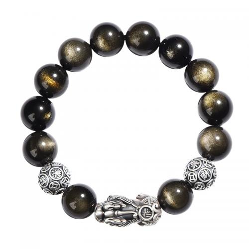 Gold Obsidian Bracelet, with 925 Sterling Silver, Fabulous Wild Beast, polished & for man Approx 7 Inch 