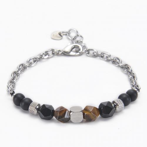 304 Stainless Steel Bracelet, with Abrazine Stone & Tiger Eye, Geometrical Pattern, handmade, Unisex & faceted Approx 7-8.5 Inch 