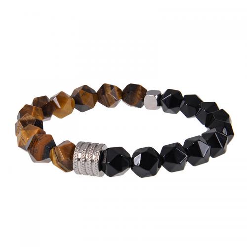 Obsidian Bracelet, with Gemstone & Stainless Steel, Geometrical Pattern, handmade & Unisex & faceted Approx 7-8.5 Inch 