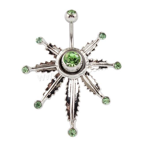 Stainless Steel Belly Ring, 316 Stainless Steel, with Zinc Alloy, Maple Leaf, silver color plated, fashion jewelry & Unisex & with rhinestone, green 