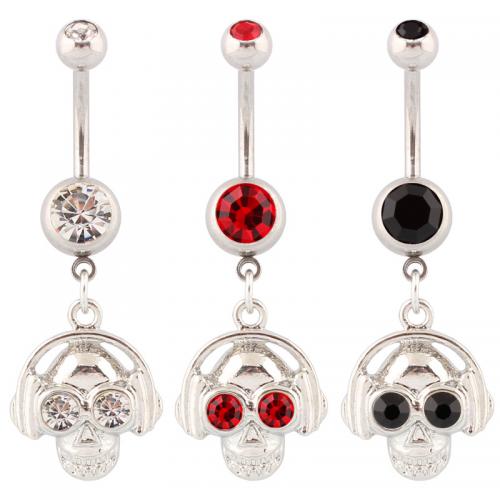 Stainless Steel Belly Ring, 316 Stainless Steel, with Zinc Alloy, Skull, silver color plated, fashion jewelry & for woman & with rhinestone 