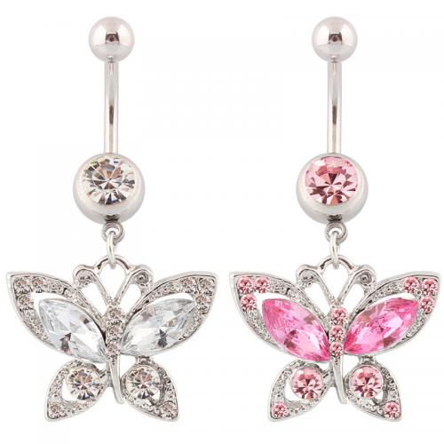 Stainless Steel Belly Ring, 316 Stainless Steel, with Zinc Alloy, Butterfly, silver color plated, fashion jewelry & for woman & with rhinestone & hollow 
