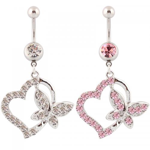 Stainless Steel Belly Ring, 316 Stainless Steel, with Zinc Alloy, Heart, silver color plated, fashion jewelry & for woman & with rhinestone & hollow 