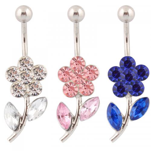 Stainless Steel Belly Ring, 316 Stainless Steel, with Zinc Alloy, Flower, silver color plated, fashion jewelry & for woman & with rhinestone 