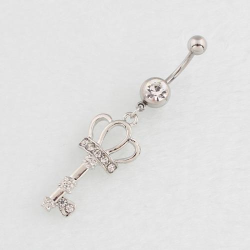 Stainless Steel Belly Ring, 316 Stainless Steel, with Zinc Alloy, Key, silver color plated, fashion jewelry & for woman & with rhinestone & hollow 