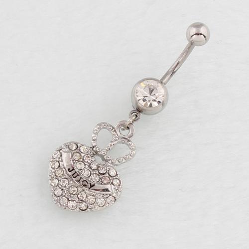 Stainless Steel Belly Ring, 316 Stainless Steel, with Zinc Alloy, Heart, silver color plated, fashion jewelry & for woman & with rhinestone 