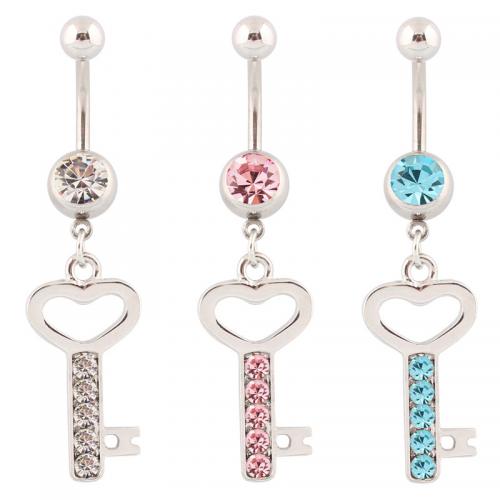 Stainless Steel Belly Ring, 316 Stainless Steel, with Zinc Alloy, Key, silver color plated, fashion jewelry & for woman & with rhinestone & hollow 
