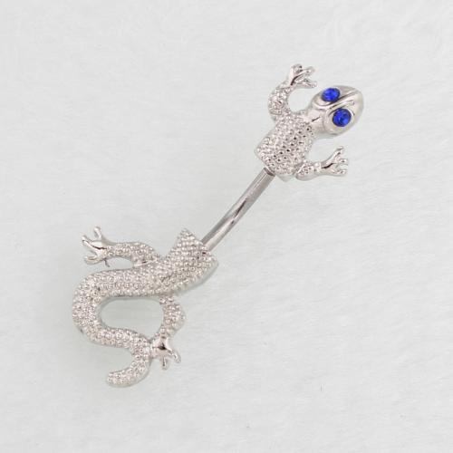 Stainless Steel Belly Ring, 316 Stainless Steel, with Zinc Alloy, Gecko, silver color plated, fashion jewelry & for woman & with rhinestone 