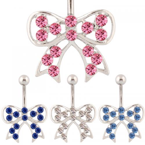 Stainless Steel Belly Ring, 316 Stainless Steel, with Zinc Alloy, Bowknot, silver color plated, fashion jewelry & for woman & with rhinestone & hollow 