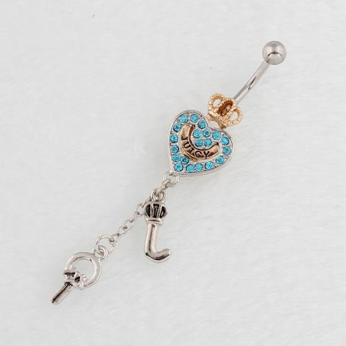 Stainless Steel Belly Ring, 316 Stainless Steel, with Zinc Alloy, Heart, plated, fashion jewelry & for woman & with rhinestone 