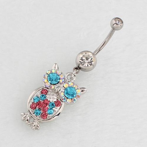 Stainless Steel Belly Ring, 316 Stainless Steel, with Zinc Alloy, Owl, silver color plated, fashion jewelry & for woman & with rhinestone 