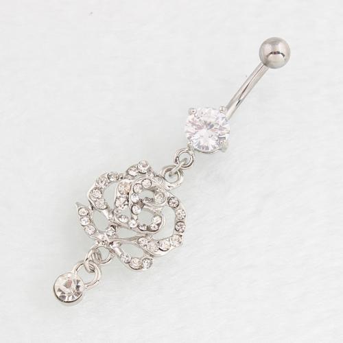 Stainless Steel Belly Ring, 316 Stainless Steel, with Zinc Alloy, Rose, silver color plated, fashion jewelry & for woman & with rhinestone & hollow 