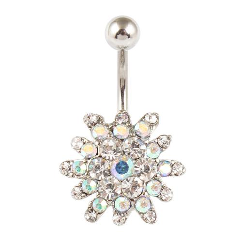 Stainless Steel Belly Ring, 316 Stainless Steel, with Zinc Alloy, Flower, silver color plated, fashion jewelry & Unisex & with rhinestone, mixed colors 
