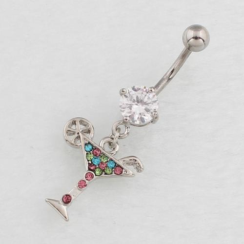 Stainless Steel Belly Ring, 316 Stainless Steel, with Zinc Alloy, Cup, silver color plated, fashion jewelry & for woman & with rhinestone, mixed colors 