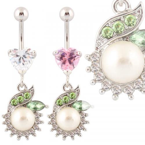 Stainless Steel Belly Ring, 316 Stainless Steel, with Plastic Pearl & Zinc Alloy, Flower, silver color plated, fashion jewelry & for woman & with rhinestone 
