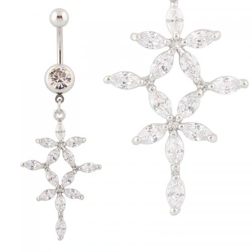 Stainless Steel Belly Ring, 316 Stainless Steel, with Cubic Zirconia & Zinc Alloy, Flower, silver color plated, fashion jewelry & for woman, clear 