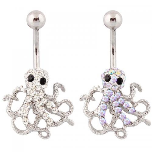 Stainless Steel Belly Ring, 316 Stainless Steel, with Zinc Alloy, Octopus, silver color plated, fashion jewelry & for woman & with rhinestone 