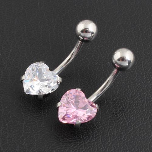 Stainless Steel Belly Ring, 316 Stainless Steel, with Cubic Zirconia & Zinc Alloy, Heart, silver color plated, fashion jewelry & for woman [