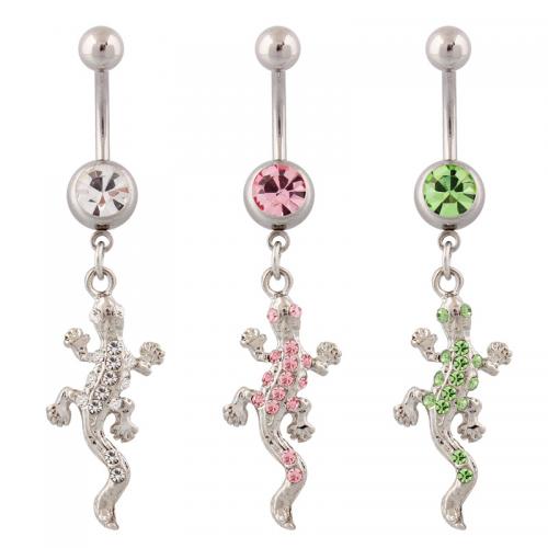 Stainless Steel Belly Ring, 316 Stainless Steel, with Zinc Alloy, Gecko, silver color plated, fashion jewelry & for woman & with rhinestone 