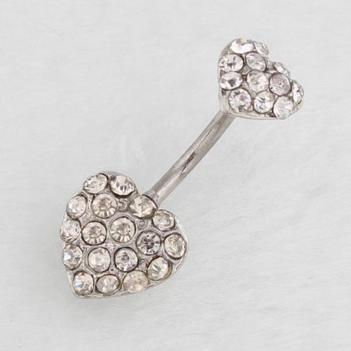 Stainless Steel Belly Ring, 316 Stainless Steel, with Zinc Alloy, Heart, silver color plated, fashion jewelry & for woman & with rhinestone 