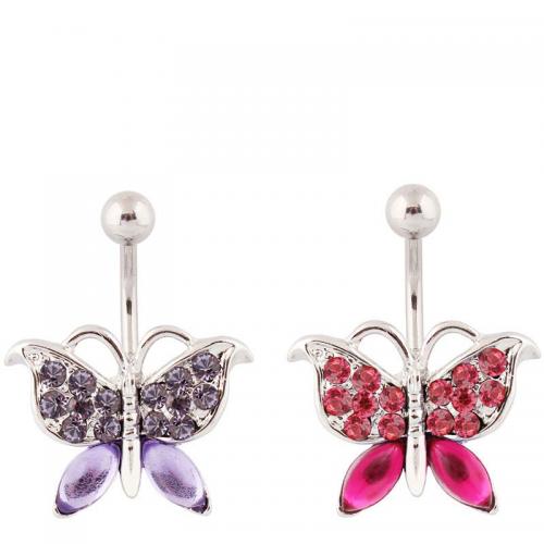 Stainless Steel Belly Ring, 316 Stainless Steel, with Crystal & Zinc Alloy, Butterfly, silver color plated, fashion jewelry & for woman & with rhinestone 