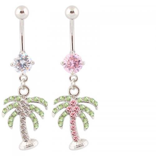 Stainless Steel Belly Ring, 316 Stainless Steel, with Zinc Alloy, Palm Tree, silver color plated, fashion jewelry & for woman & with rhinestone 
