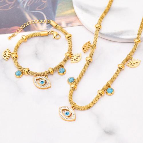 Titanium Steel Jewelry Set, with turquoise, Vacuum Ion Plating & for woman & with rhinestone, golden 