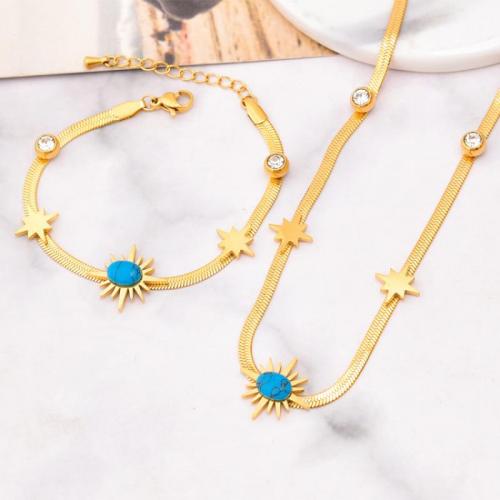 Titanium Steel Jewelry Set, with turquoise, Vacuum Ion Plating & for woman & with rhinestone, golden 